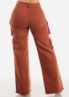 High Waisted Wide Leg Straight Cargo Jeans Brown