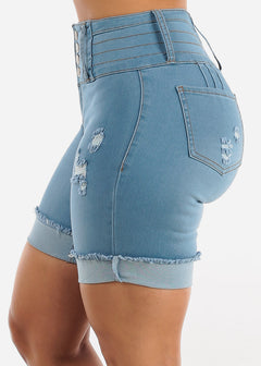 High Waisted Butt Lifting Cuffed Mid Thigh Distressed Shorts
