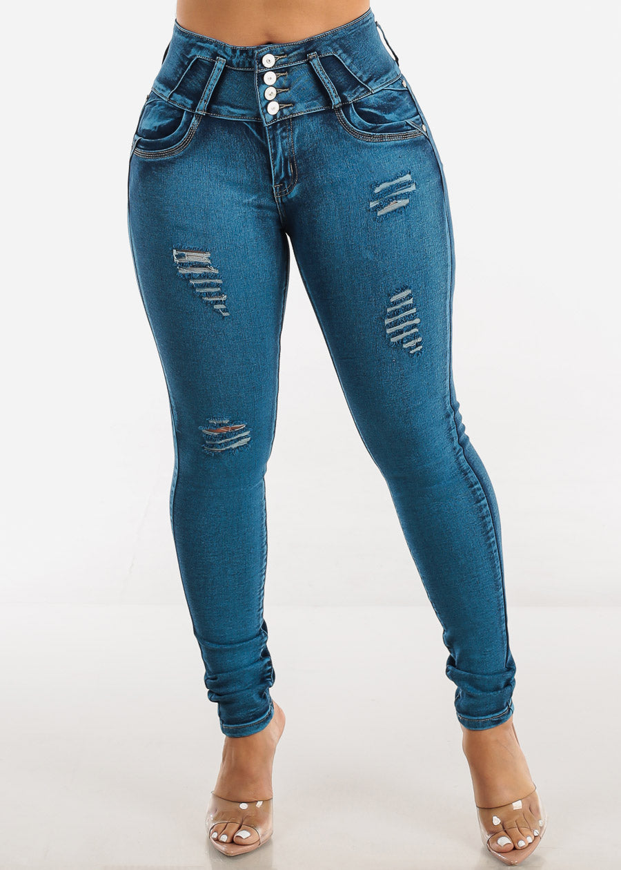 High Waisted Butt Lifting Distressed Skinny Jeans