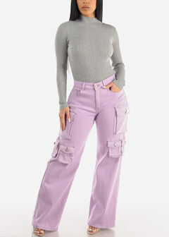 High Waisted Wide Leg Straight Cargo Jeans Lilac