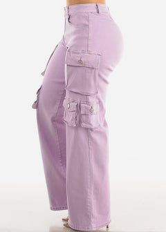 High Waisted Wide Leg Straight Cargo Jeans Lilac