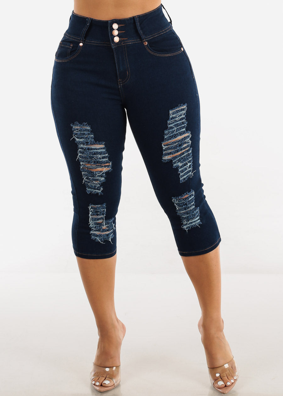 High Waist Butt Lifting Ripped Dark Denim Capris