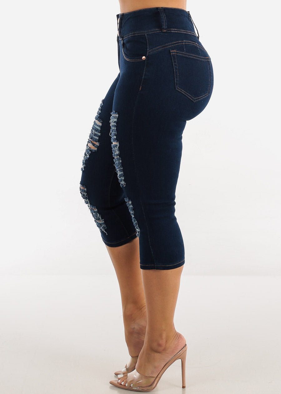 High Waist Butt Lifting Ripped Dark Denim Capris