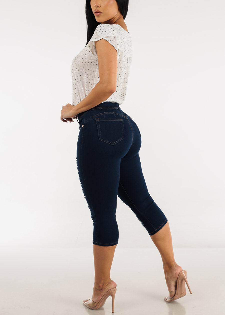 High Waist Butt Lifting Ripped Dark Denim Capris