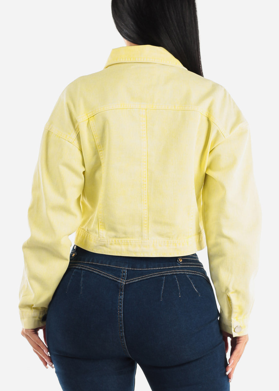 Button Up Acid Wash Denim Jacket Yellow