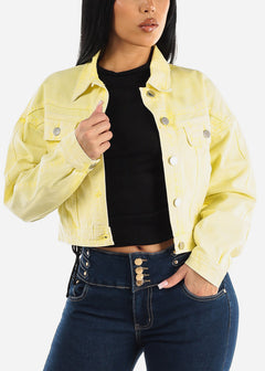 Button Up Acid Wash Denim Jacket Yellow