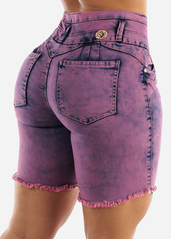 Purple Pink Frayed Butt Lifting Denim Shorts