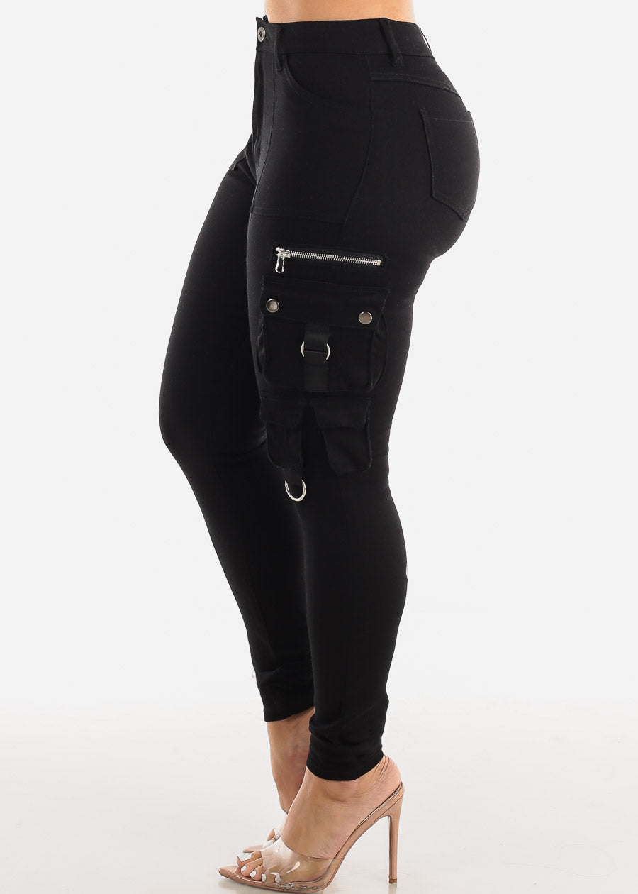 Black High Waisted Cargo Skinny Pants w Zipper Detail