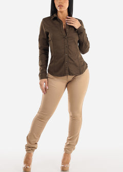 Long Sleeve Button Up Stretch Collared Blouse Olive