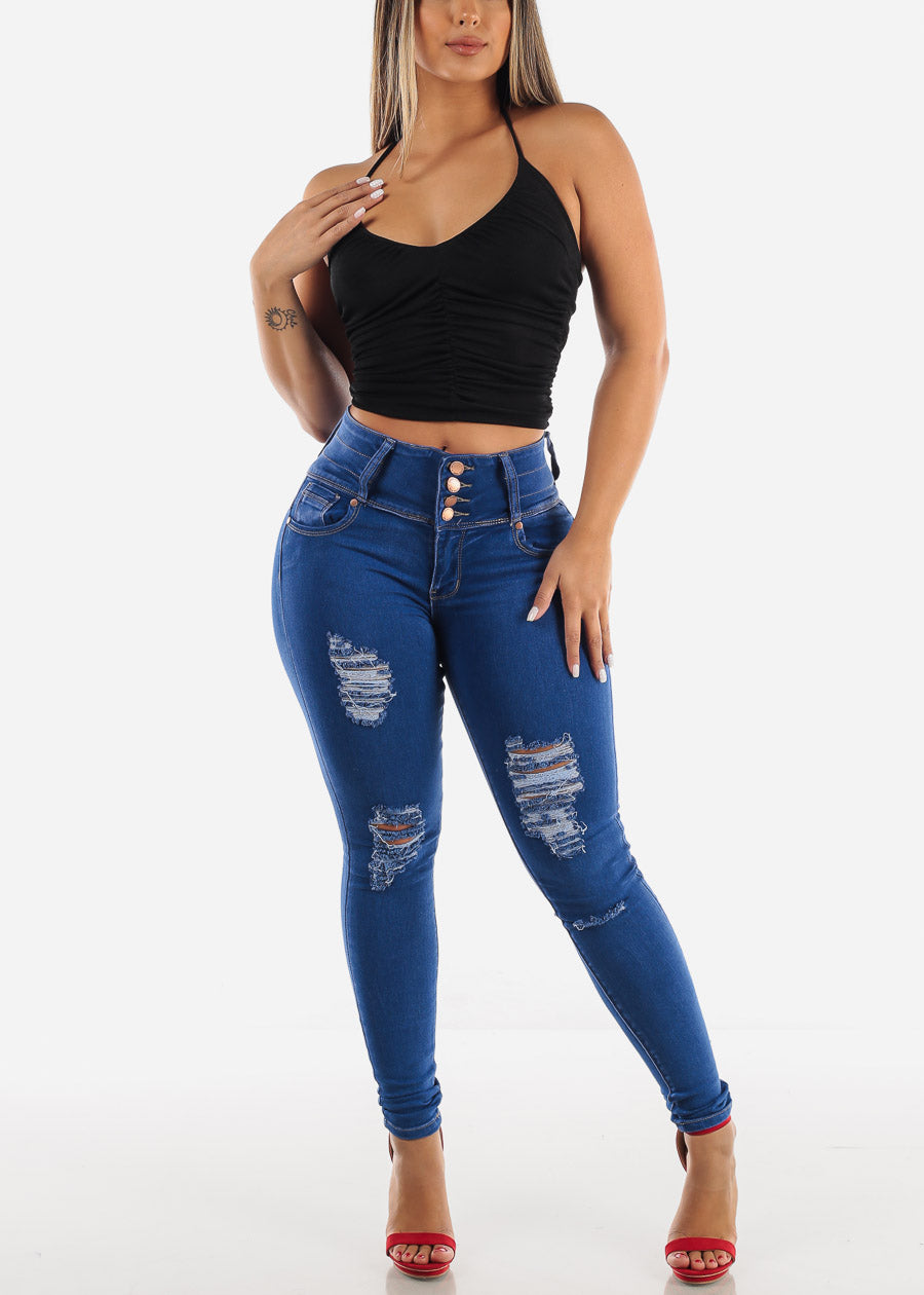 High Waisted Butt Lift Blue Distressed Jeans