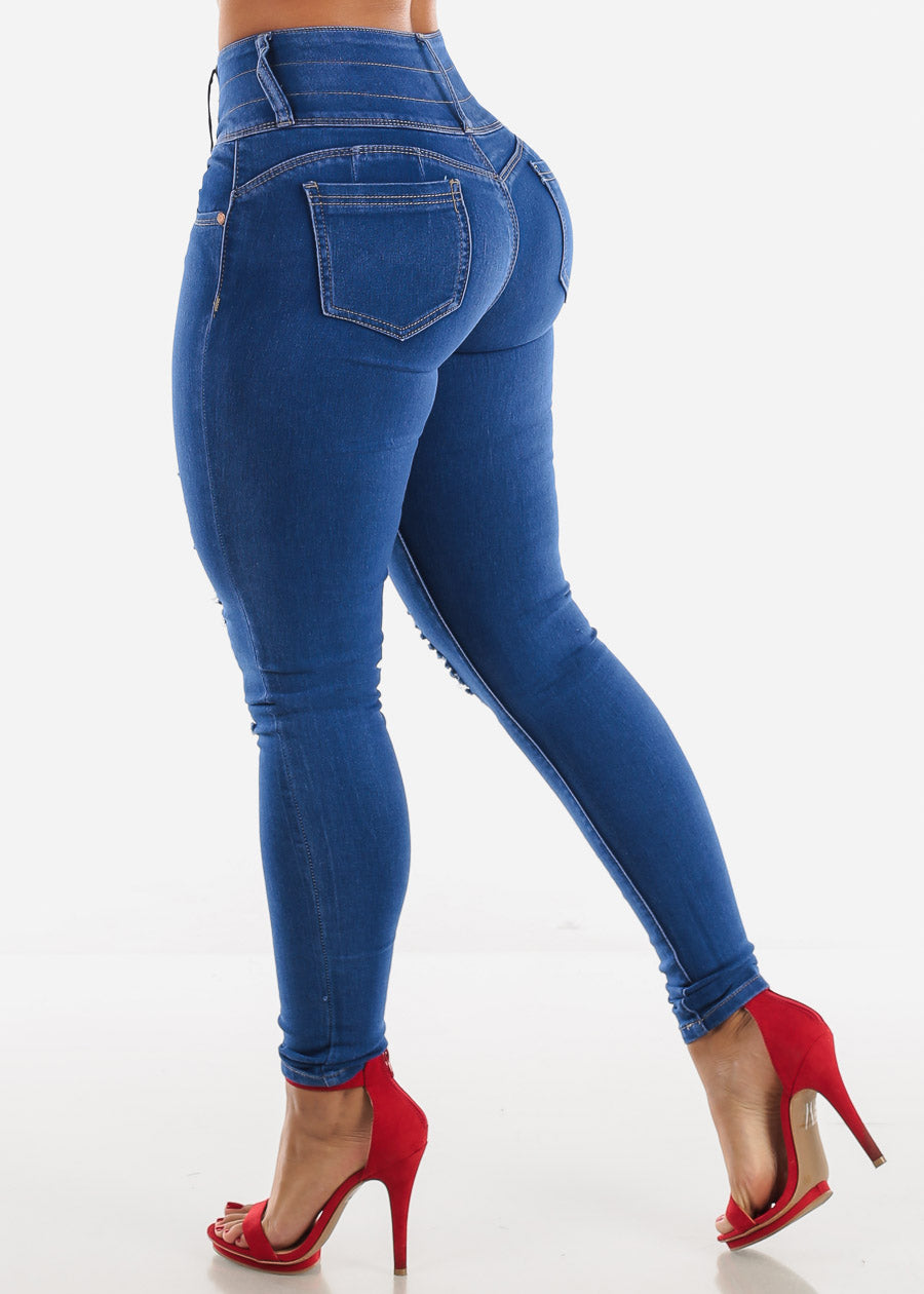 High Waisted Butt Lift Blue Distressed Jeans