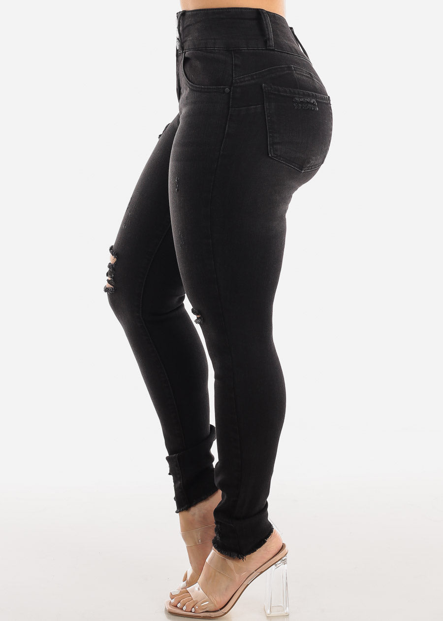 High Rise Black Butt Lifting Distressed Skinny Jeans