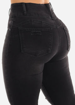 High Rise Black Butt Lifting Distressed Skinny Jeans