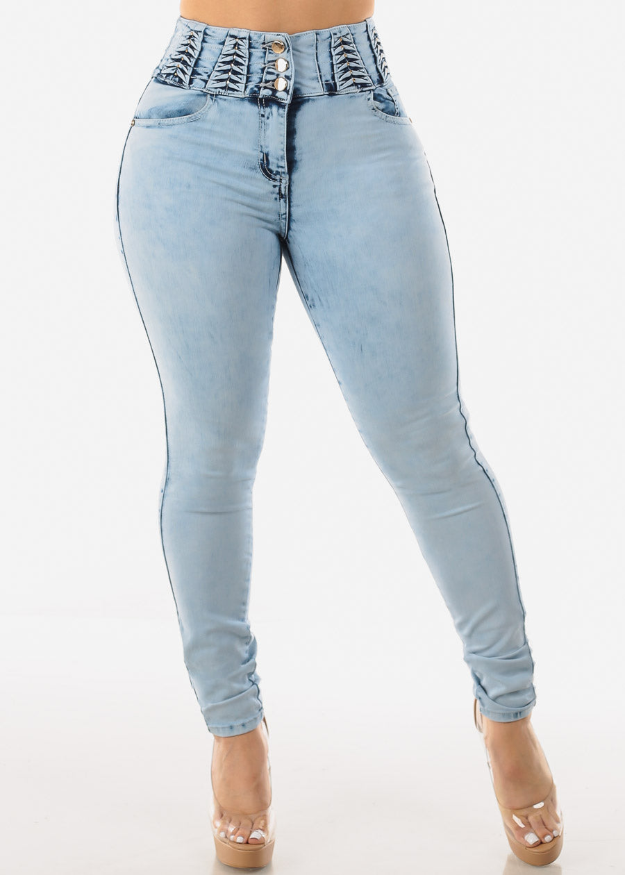 Super High Waisted Butt Lifting Skinny Jeans Light Acid Wash