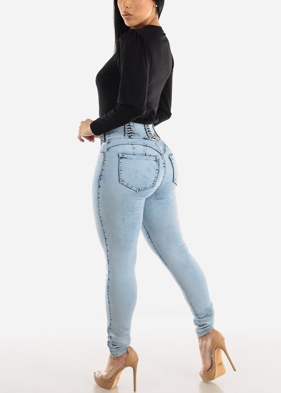 Super High Waisted Butt Lifting Skinny Jeans Light Acid Wash