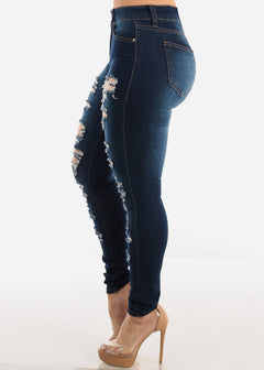 Distressed Mid Rise Stretchy Dark Skinny Jeans