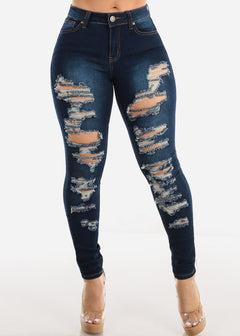Distressed Mid Rise Stretchy Dark Skinny Jeans