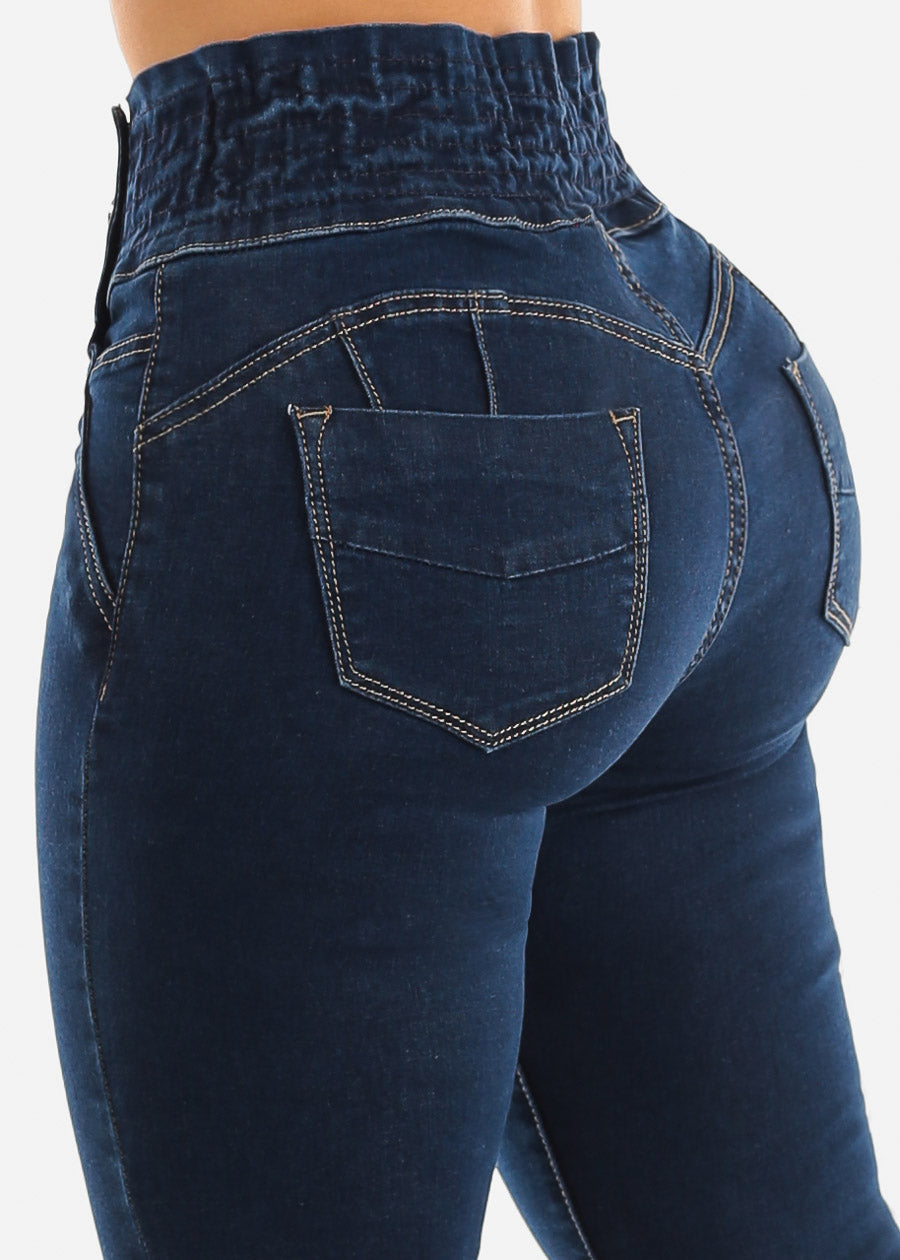 High Spandex Waist Butt Lifting Skinny Jeans Dark Wash