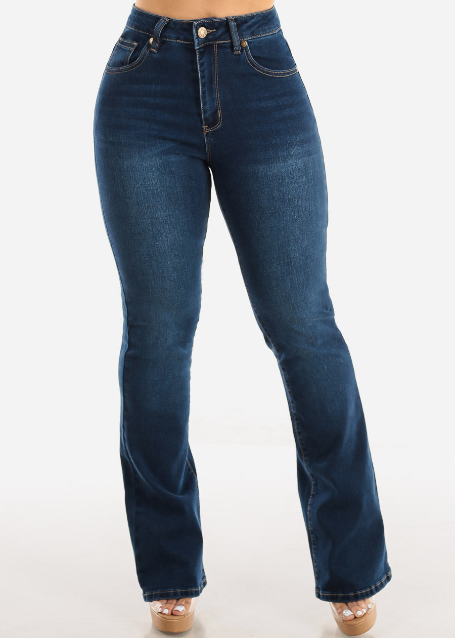 Classic One Button Butt Lifting Bootcut Jeans Dark Blue