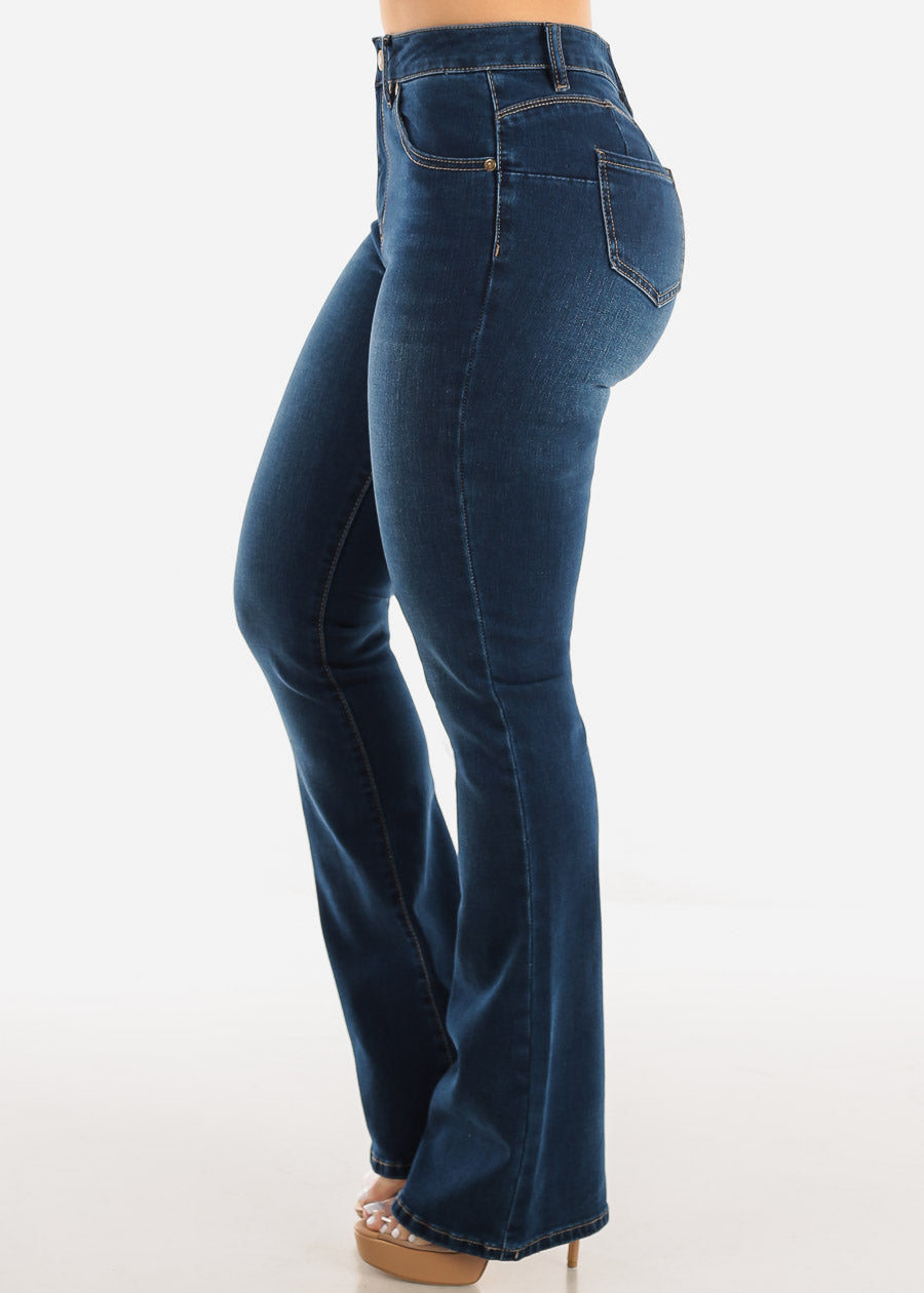 Classic One Button Butt Lifting Bootcut Jeans Dark Blue