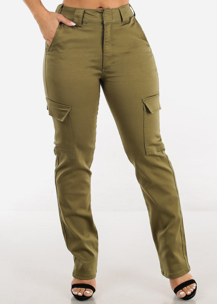 High Waisted Straight Cargo Pants Olive