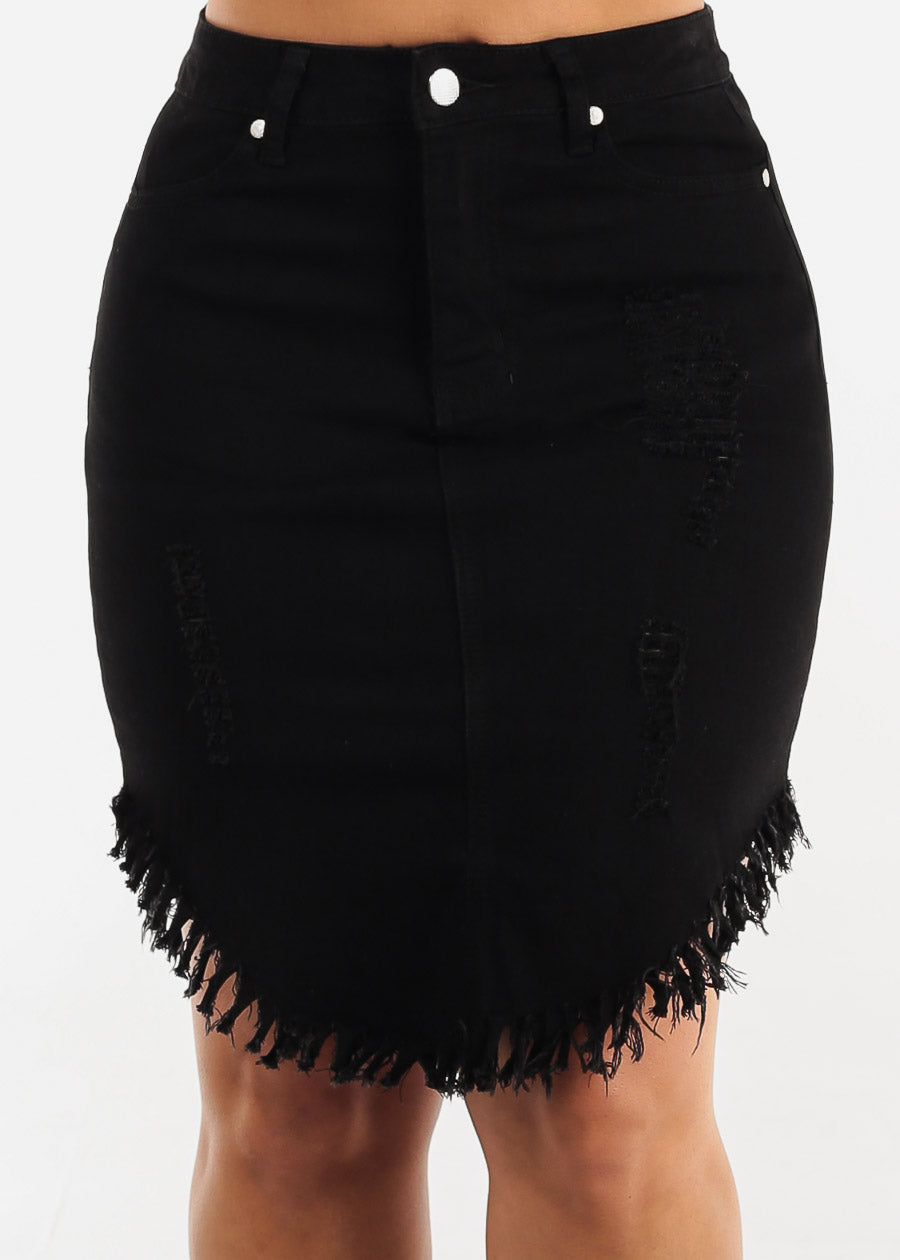 High Waist Ripped Fringe Hem Black Denim Skirt