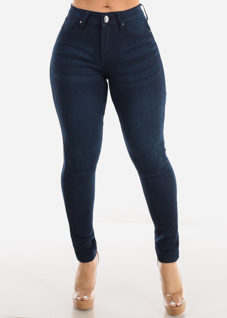 Mid Rise Dark Stretchy One Button Skinny Jeans