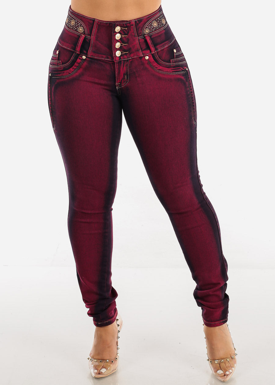 MX JEANS Embroidered Back Butt Lifting Skinny Jeans Burgundy