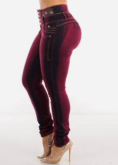 MX JEANS Embroidered Back Butt Lifting Skinny Jeans Burgundy