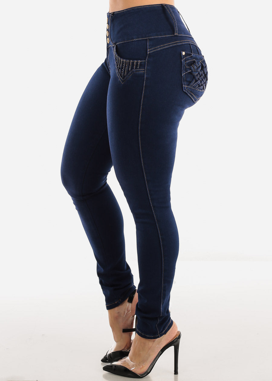 MX JEANS Butt Lifting Dark Blue Mid Rise Skinny Jeans