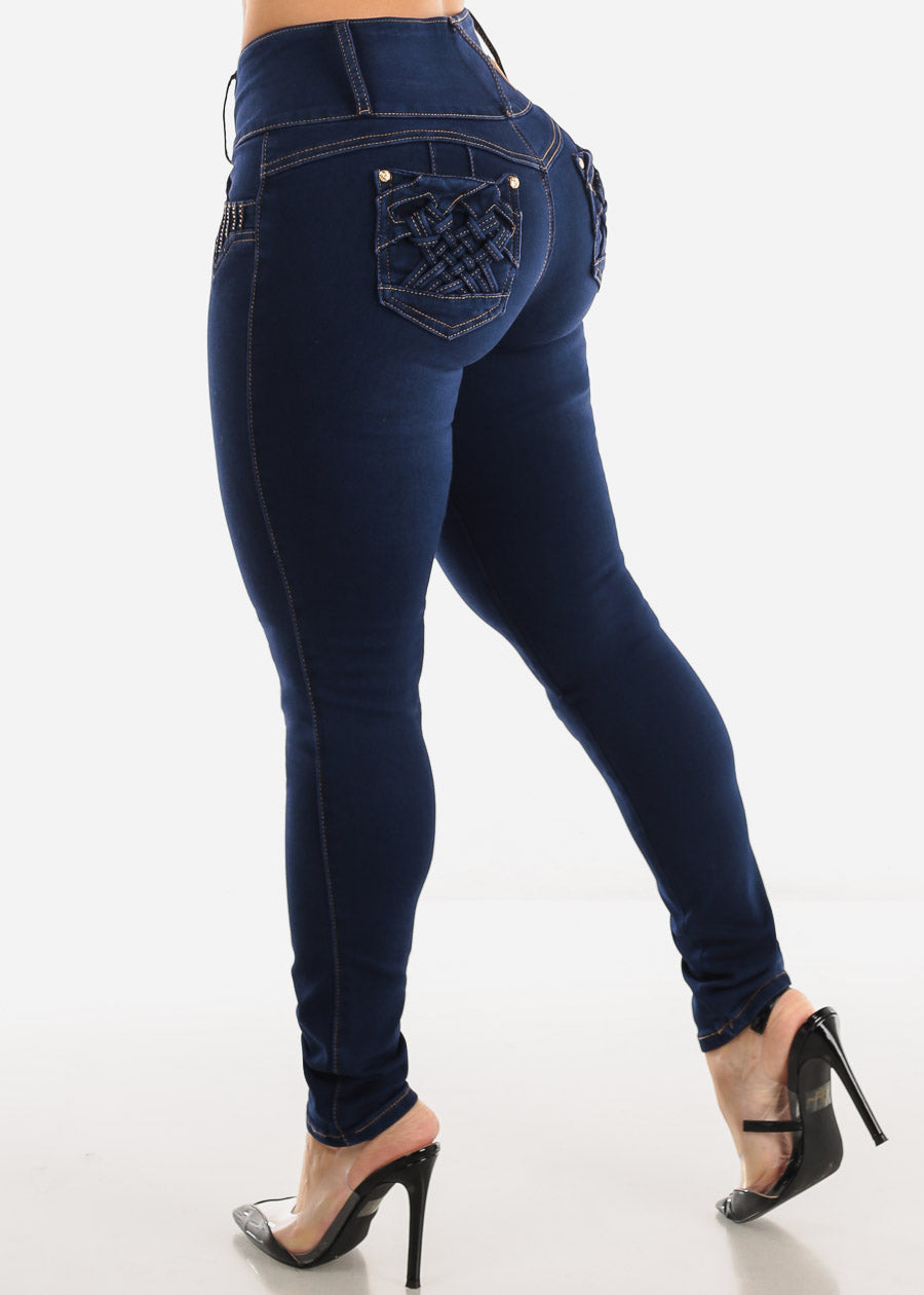 MX JEANS Butt Lifting Dark Blue Mid Rise Skinny Jeans