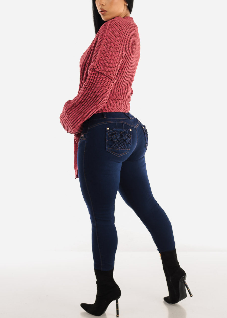 MX JEANS Butt Lifting Dark Blue Mid Rise Skinny Jeans