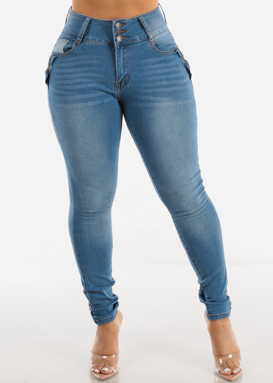 Levantacola High Waisted Skinny Jeans Med Blue w Bow Design