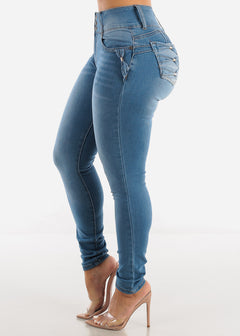 Levantacola High Waisted Skinny Jeans Med Blue w Bow Design