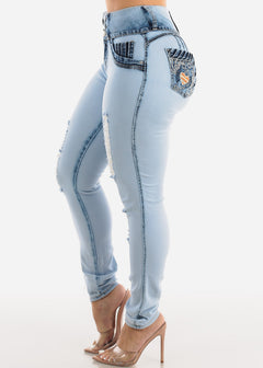 Butt Lifting Distressed Acid Wash Skinny Jeans w Pocket Design