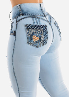 Butt Lifting Distressed Acid Wash Skinny Jeans w Pocket Design