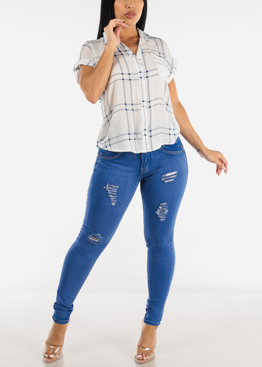 Ripped High Waisted Butt Lift Skinny Jeans Royal Blue