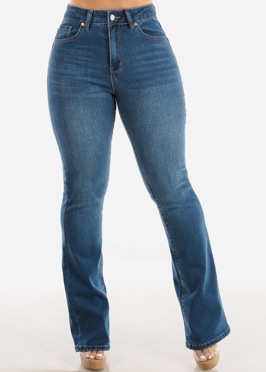 Classic One Button Butt Lifting Bootcut Jeans Med Blue