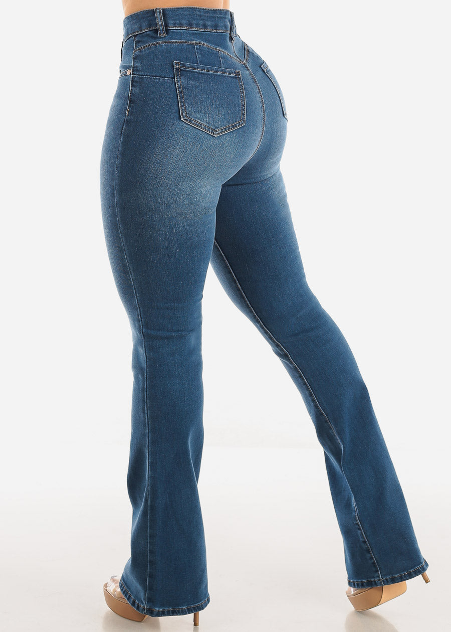 Classic One Button Butt Lifting Bootcut Jeans Med Blue
