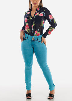 Mid Rise Butt Lifting Skinny Jeans Teal