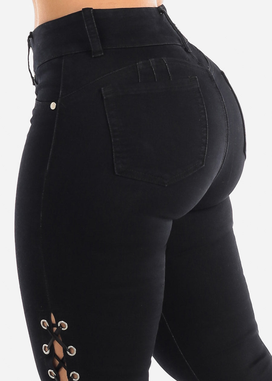 Black Butt Lifting Skinny Jeans w Lace Up Sides
