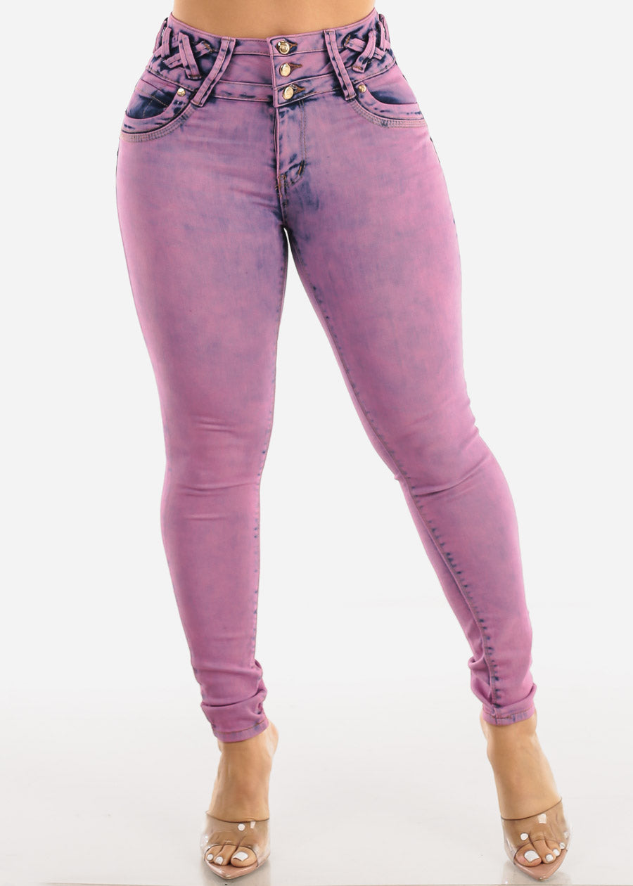 Butt Lifting Acid Wash Skinny Jeans w Lace Up Design