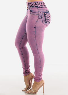 Butt Lifting Acid Wash Skinny Jeans w Lace Up Design