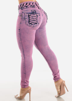 Butt Lifting Acid Wash Skinny Jeans w Lace Up Design