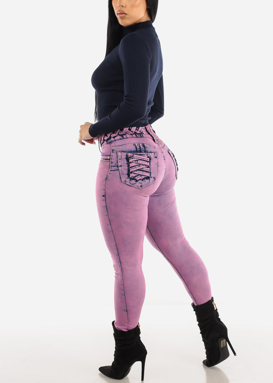 Butt Lifting Acid Wash Skinny Jeans w Lace Up Design