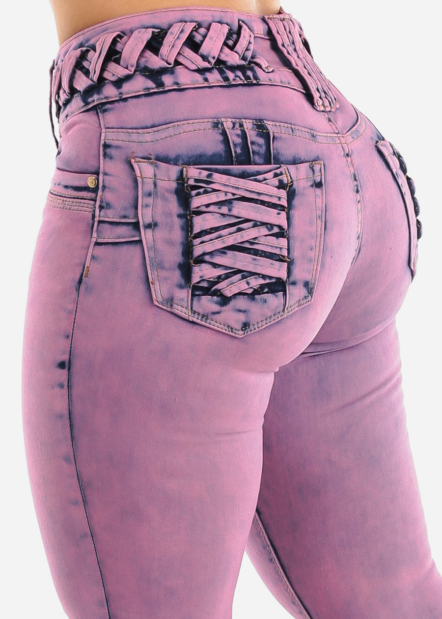 Butt Lifting Acid Wash Skinny Jeans w Lace Up Design