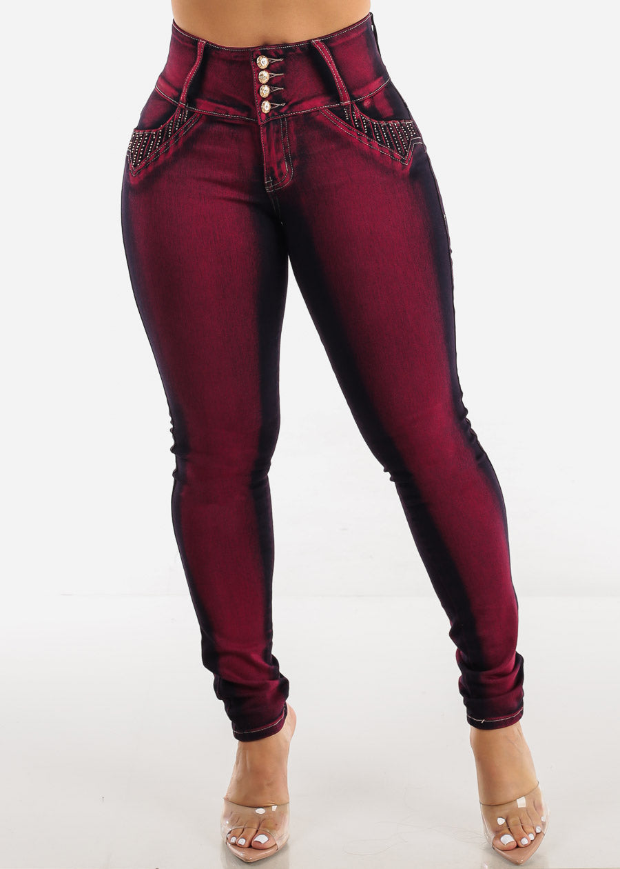 MX JEANS Levantacola High Rise Burgundy Skinny Jeans