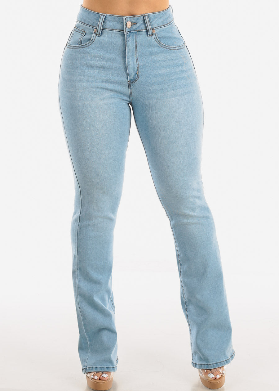 Classic One Button Butt Lifting Bootcut Jeans Light Blue