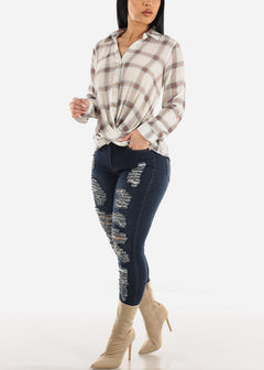 Stretchy Mid Rise Distressed Dark Blue Skinny Jeans