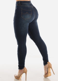Stretchy Mid Rise Distressed Dark Blue Skinny Jeans